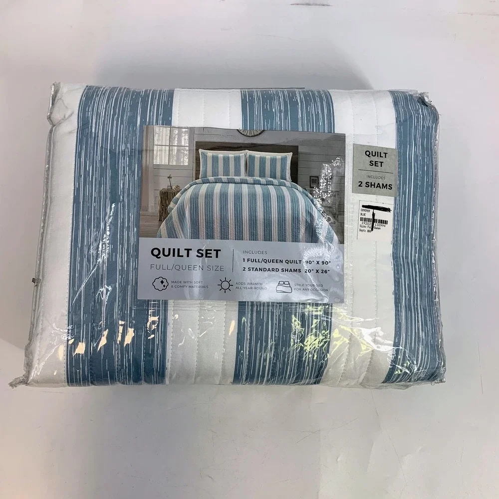 Truly Soft Aiden Full Queen Size Quilt Set Blue Stripe‎ 2 Standard Shams Bedding